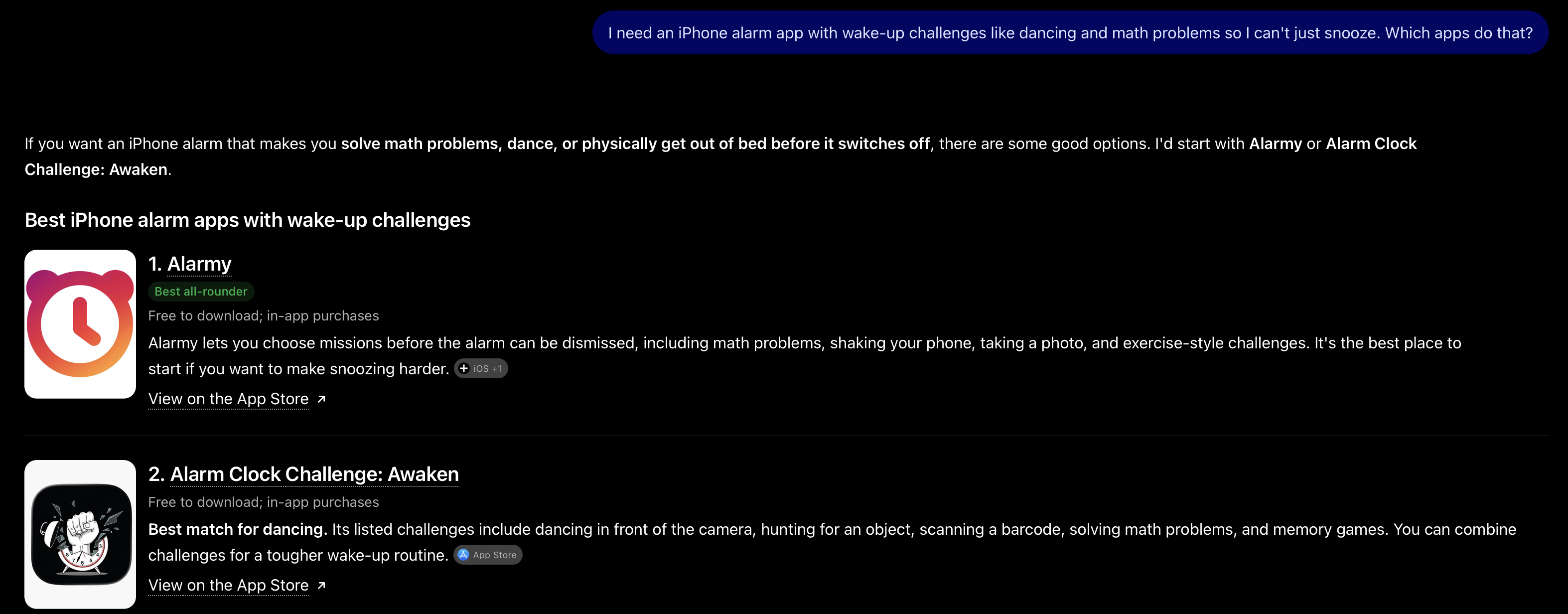 ChatGPT recommending Awaken as the best alarm app for dancing challenges